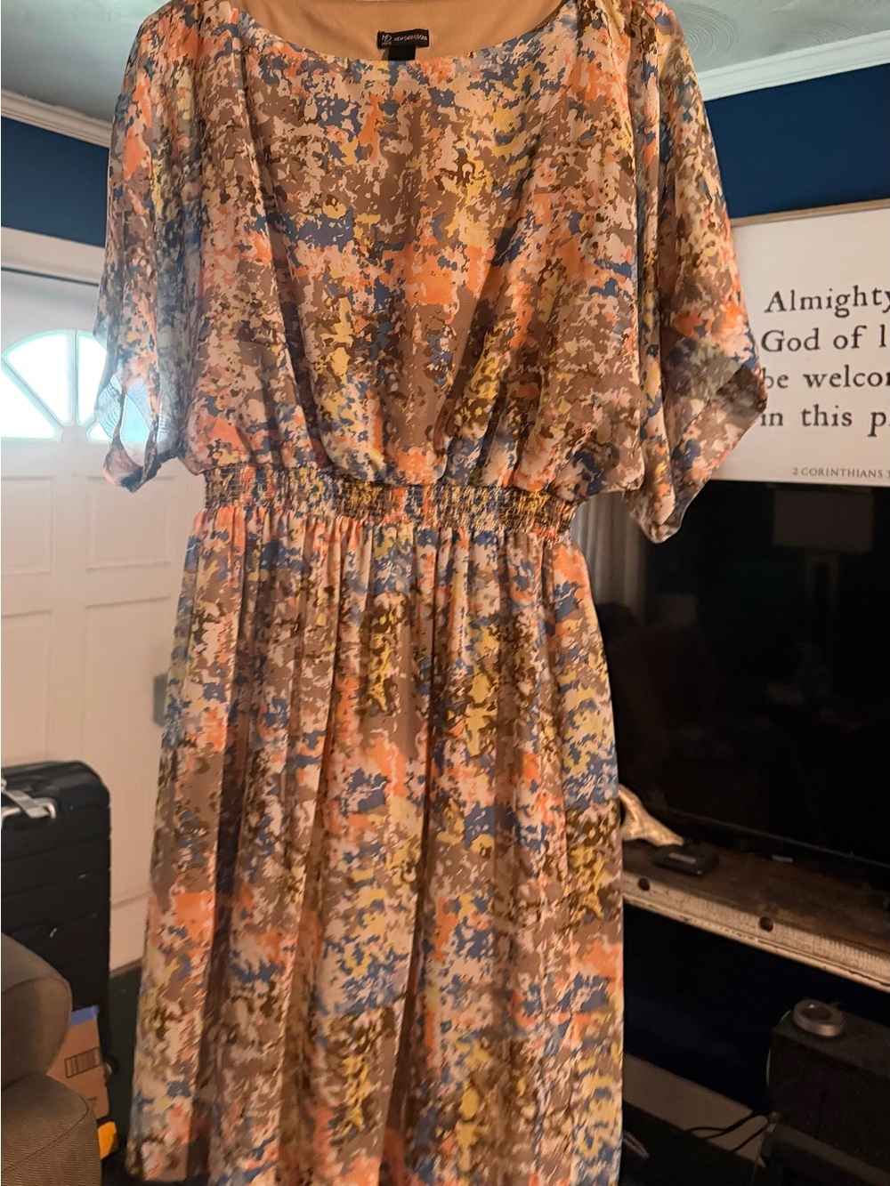 new directions Multicolor Midi Dress in Peach, Blue & Taupe
